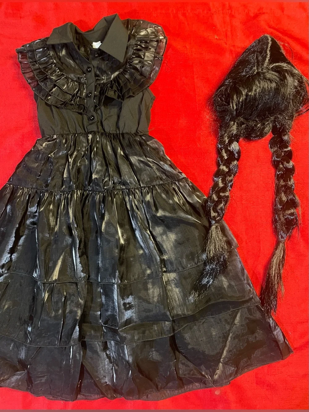 Girls Size 5 Black Gothic Ruffle Dress & Braided Wig Halloween Costume